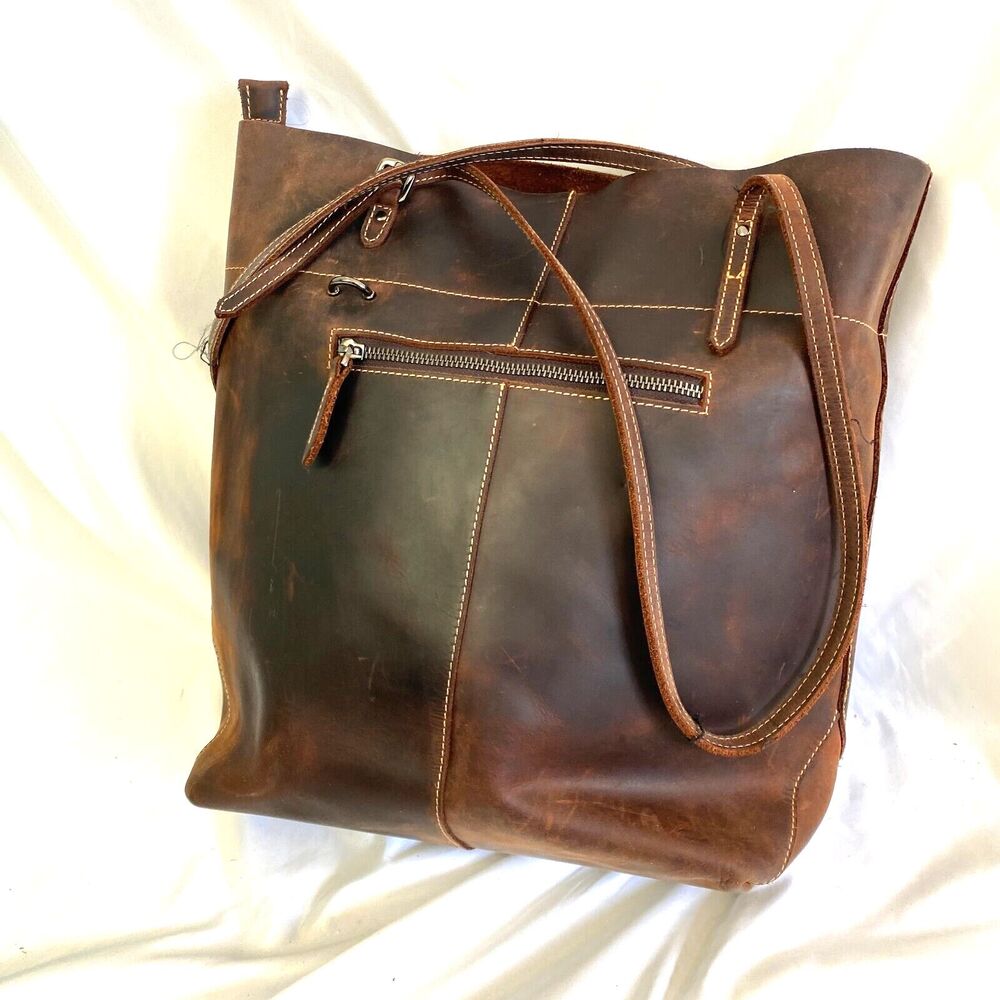 Distressed Brown Leather Shoulder Tote